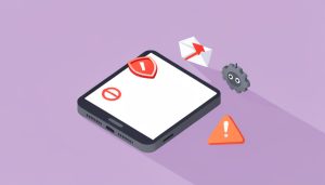 Isometric phone with a red warning shield and a blocked-send icon beside an automation gear and caution triangle, on Instagram auto DM action blocked