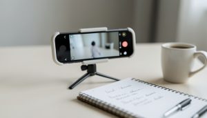 A smartphone on a tripod set up to film a short video beside a notebook of script notes on a desk