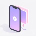 Isometric phone playing a vertical video with two faded duplicate frames behind it and a downward arrow, on Instagram Reels script template low reach