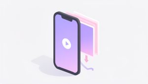 Isometric phone playing a vertical video with two faded duplicate frames behind it and a downward arrow, on Instagram Reels script template low reach
