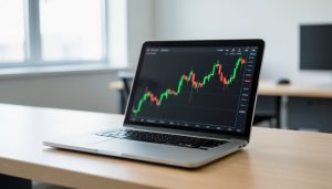 A laptop on a desk showing green and red candlestick trading charts