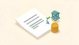 Isometric invoice document with a bank ACH transfer arrow, a green checkmark, and a small paused-funds icon with a clock, on invoice app ACH payment holds