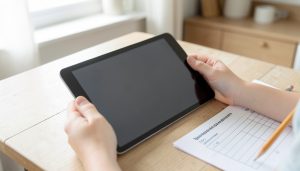 Hands holding a plain tablet at a table beside a printed planning checklist and a pencil