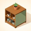 Isometric cube storage unit with open cubes showing clutter on one side and closed doors hiding contents on the other, on Kallax alternatives for closed storage in a small apartment