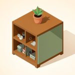 Isometric cube storage unit with open cubes showing clutter on one side and closed doors hiding contents on the other, on Kallax alternatives for closed storage in a small apartment