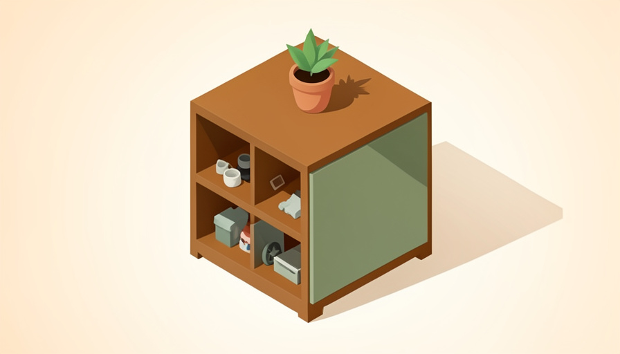Isometric cube storage unit with open cubes showing clutter on one side and closed doors hiding contents on the other, on Kallax alternatives for closed storage in a small apartment