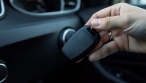 A hand holding a modern car key fob near a push-button start on a car dashboard