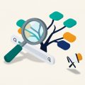 Isometric magnifying glass over a search bar with branching keyword suggestion tags and a crossed-out megaphone, representing keyword planner alternatives without ads