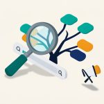 Isometric magnifying glass over a search bar with branching keyword suggestion tags and a crossed-out megaphone, representing keyword planner alternatives without ads