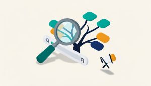 Isometric magnifying glass over a search bar with branching keyword suggestion tags and a crossed-out megaphone, representing keyword planner alternatives without ads