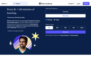 Khan Academy homepage showing free lessons and practice for students