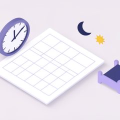 Isometric analog clock, blank sleep schedule grid, crescent moon, sun, and a toddler bed, representing a kids sleep schedule spreadsheet and daylight saving