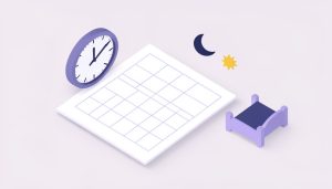 Isometric analog clock, blank sleep schedule grid, crescent moon, sun, and a toddler bed, representing a kids sleep schedule spreadsheet and daylight saving