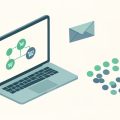 Isometric laptop showing an email automation flow with cart icons beside segmented customer dots, representing Klaviyo alternatives with basic segmentation for Shopify