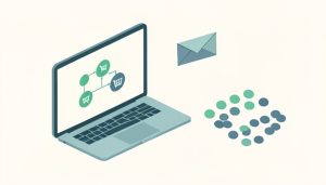 Isometric laptop showing an email automation flow with cart icons beside segmented customer dots, representing Klaviyo alternatives with basic segmentation for Shopify