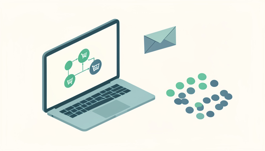 Isometric laptop showing an email automation flow with cart icons beside segmented customer dots, representing Klaviyo alternatives with basic segmentation for Shopify