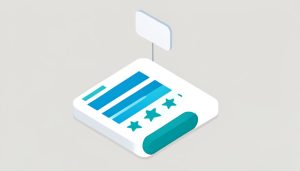 Isometric landing page with a headline block, a review stars block, and a call-to-action button, with a small AI summary card above it, representing a page built for AI Overviews