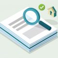 Isometric stack of blank rental documents under a magnifying glass with a green checkmark and a house-and-key icon, on lease-application documents landlords verify first