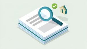 Isometric stack of blank rental documents under a magnifying glass with a green checkmark and a house-and-key icon, on lease-application documents landlords verify first
