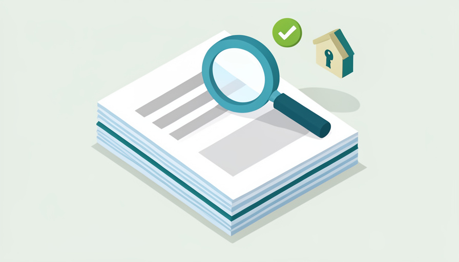 Isometric stack of blank rental documents under a magnifying glass with a green checkmark and a house-and-key icon, on lease-application documents landlords verify first