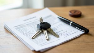 Car keys resting on printed vehicle paperwork beside a notary stamp and pen