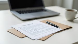 A stapled business formation document packet in a folder with a pen, beside a laptop and coffee on a desk
