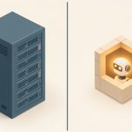 Isometric split scene with a large old database tower on one side and a lighter modular agent-native structure on the other, representing incumbents versus AI-native CRM startups