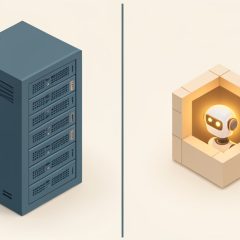Isometric split scene with a large old database tower on one side and a lighter modular agent-native structure on the other, representing incumbents versus AI-native CRM startups