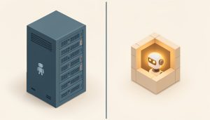 Isometric split scene with a large old database tower on one side and a lighter modular agent-native structure on the other, representing incumbents versus AI-native CRM startups