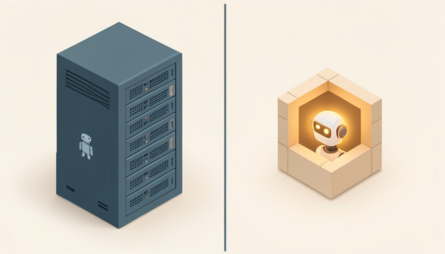 Isometric split scene with a large old database tower on one side and a lighter modular agent-native structure on the other, representing incumbents versus AI-native CRM startups