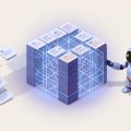 Isometric structured data cube built from customer record cards with a small robot agent figure reading from it, representing a CRM turned into a world model for agents