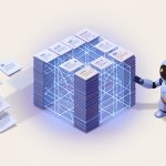 Isometric structured data cube built from customer record cards with a small robot agent figure reading from it, representing a CRM turned into a world model for agents