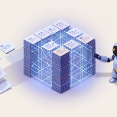 Isometric structured data cube built from customer record cards with a small robot agent figure reading from it, representing a CRM turned into a world model for agents