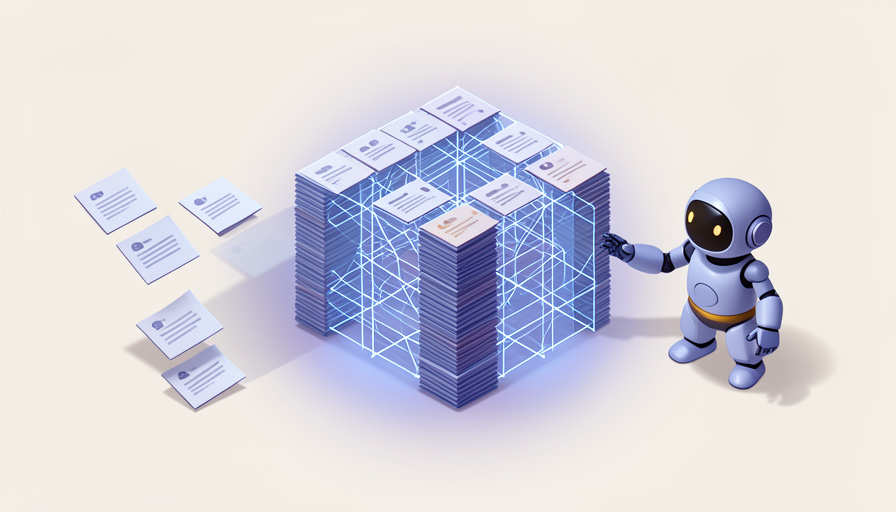 Isometric structured data cube built from customer record cards with a small robot agent figure reading from it, representing a CRM turned into a world model for agents