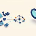 Isometric scattered data fragments like envelopes and chat bubbles flowing into a structured connected node graph that a small magnifier reads, representing a business world model for AI agents