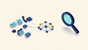 Isometric scattered data fragments like envelopes and chat bubbles flowing into a structured connected node graph that a small magnifier reads, representing a business world model for AI agents