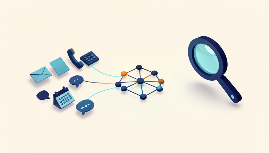 Isometric scattered data fragments like envelopes and chat bubbles flowing into a structured connected node graph that a small magnifier reads, representing a business world model for AI agents