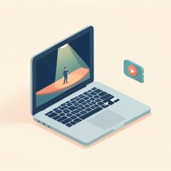 Isometric laptop showing a small stage with a spotlight, a ticket icon, and a play button, representing a paid live-stream ticket for a fan event