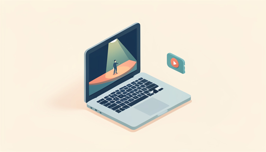 Isometric laptop showing a small stage with a spotlight, a ticket icon, and a play button, representing a paid live-stream ticket for a fan event