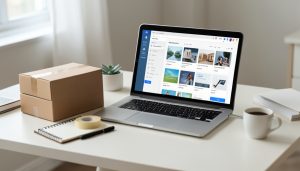 An online shop workspace with a laptop showing a storefront dashboard, shipping boxes, and packing tape on a desk