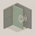 Isometric quiet room with acoustic wall panels and a door, with a small sound-wave burst at the door latch, representing hardware noise in a soundproofed space