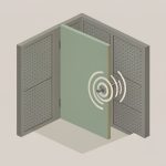 Isometric quiet room with acoustic wall panels and a door, with a small sound-wave burst at the door latch, representing hardware noise in a soundproofed space