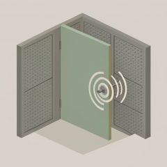 Isometric quiet room with acoustic wall panels and a door, with a small sound-wave burst at the door latch, representing hardware noise in a soundproofed space