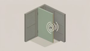 Isometric quiet room with acoustic wall panels and a door, with a small sound-wave burst at the door latch, representing hardware noise in a soundproofed space