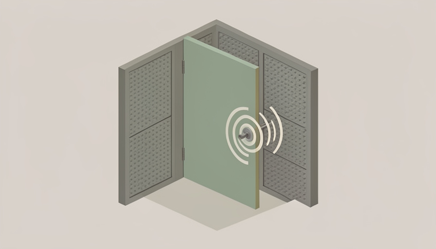 Isometric quiet room with acoustic wall panels and a door, with a small sound-wave burst at the door latch, representing hardware noise in a soundproofed space