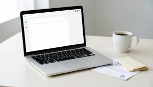 A laptop showing a simple email inbox layout beside an event invitation card, envelopes, and a coffee cup