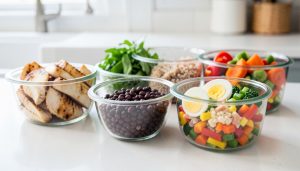 Glass meal-prep containers with grilled chicken, black beans, eggs, grains, and vegetables on a counter