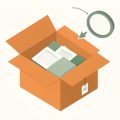 Isometric open meal-kit box with recipe cards and a price tag beside a recurring-billing loop and a magnifying glass, representing meal-kit subscription traps to check