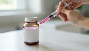An oral dosing syringe drawing liquid medicine from a children's medicine bottle on a counter