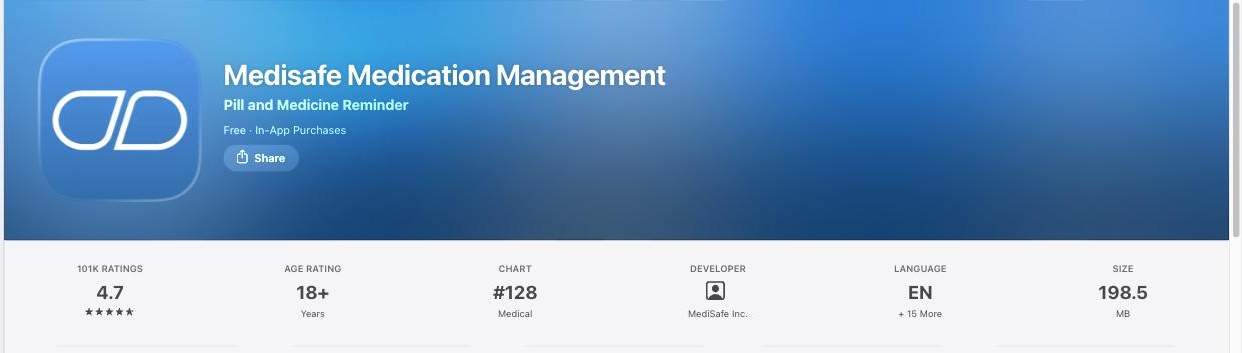 Medisafe Medication Management listing on the App Store showing a 4.7 star rating and free with in-app purchases